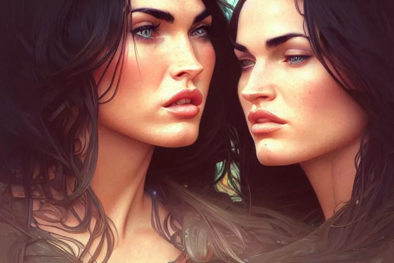 Image similar to portrait of megan fox kisses with a blonde woman, lesbian kiss, intricate, headshot, highly detailed, digital painting, artstation, concept art, sharp focus, cinematic lighting, illustration, art by artgerm and greg rutkowski, alphonse mucha, cgsociety