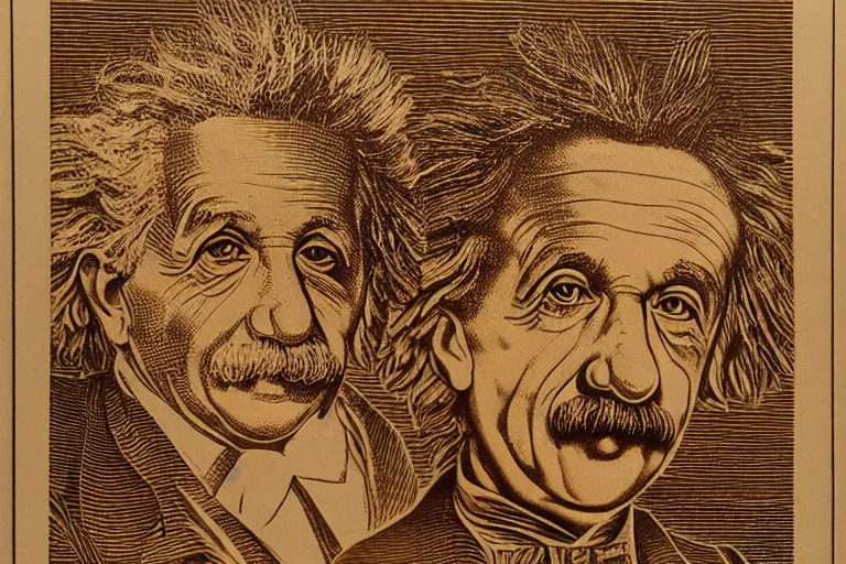 Prompt: an engraved portrait of albert einstein with equations of theory of relativity, detailed!!! copper - plate engraving in the style of money bills, fine!!! lines, engraved by alfred sealey, bureau of engraving and printing