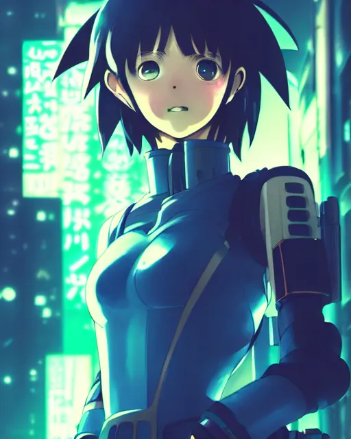 Image similar to portrait of anime girl in mechanic armor in night tokyo by makoto sinkai, my hero academia,cyberpunk, greg rutkowski, perfect face, fine details