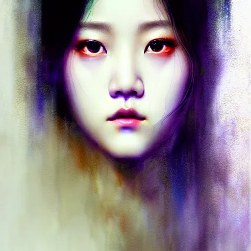 Image similar to jisoo of blackpink, hyperrealistic portrait, bladerunner street, by karol bak and agnes cecile, fantasy art, photo realistic, dynamic lighting, artstation, poster, volumetric lighting, very detailed face, intricate complexity, rule of thirds, 8 k, award winning, unreal engine