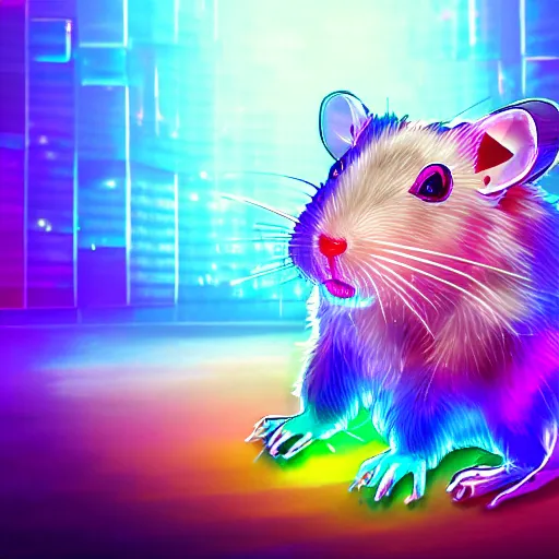 Image similar to cyberpunk hamster! holding rainbow! gem! crystal, neon lights, light reflection, 8 k, hd