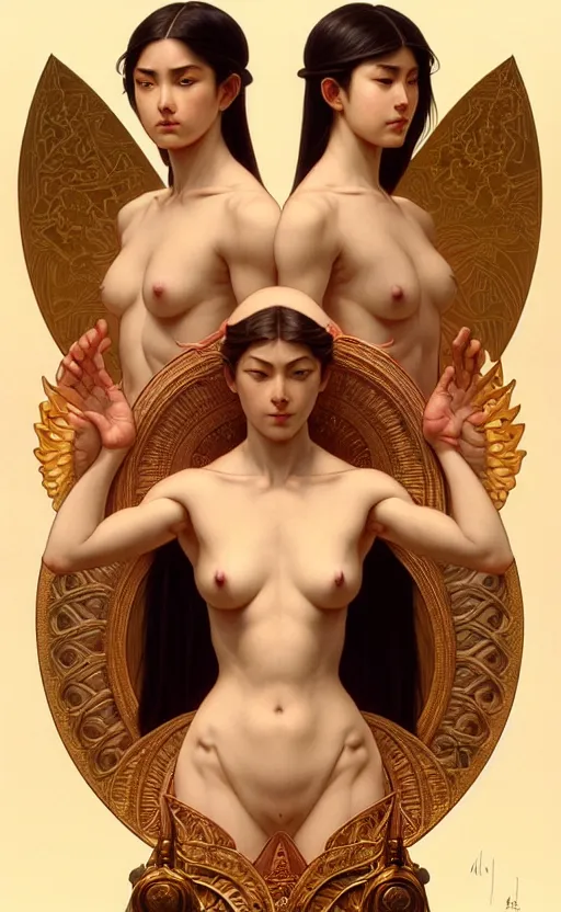 Image similar to symmetry!!!! intensely intricate fanart of full frontal pose of a sensual young goddess of war, protagonist, against an alluring young goddess of the prosperity, antagonist, intricate, elegant, highly detailed, my rendition, digital painting, artstation, concept art, smooth, sharp focus, illustration, art by artgerm and greg rutkowski and alphonse mucha