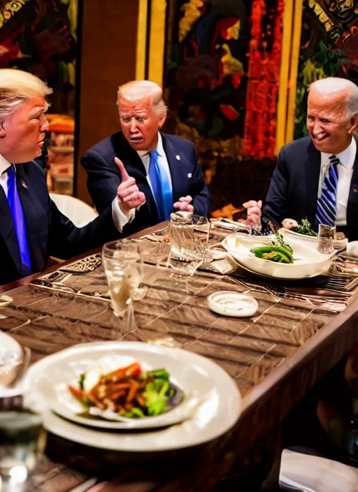 Image similar to Trump and Biden having dinner at a fancy Balinese restaurant, award winning photography, sigma 85mm Lens F/1.4, blurred background, perfect faces