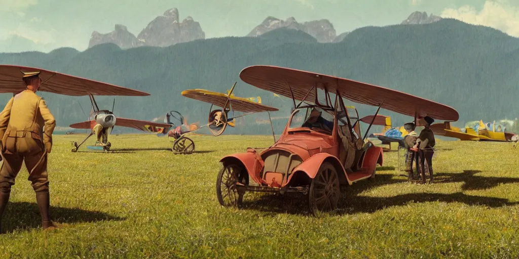 Image similar to a ultra photorealistic and sharp film still of an a sunny and colourful airfield in 1 9 1 6 in the middle of the bavarian alps, germany. wide shot, frog perspective, wes anderson, studio ghibli, pixar and disney animation, octane render, anime key art by greg rutkowski, dramatic lighting, award winning photography