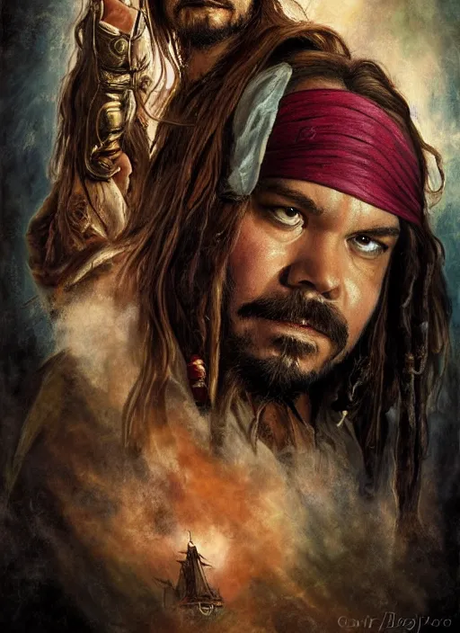 Prompt: a beautiful painting portrait movie poster of Matt Berry in Pirates of the Carribean 6, matte painting, fantasy art, dark but detailed digital art, highly detailed, a masterpiece trending on artstation. Matt Berry as a messy pirate and layabout in this HD preview poster