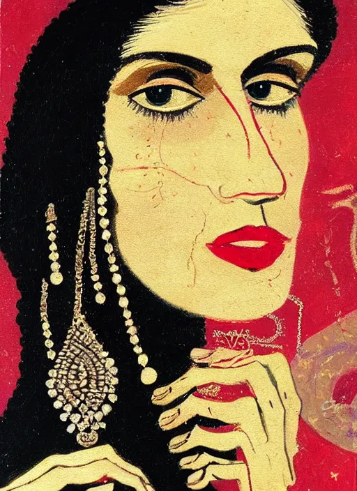 Prompt: an extreme close - up portrait of an ancient persian jewelry saleswoman in a scenic representation of mother nature and the meaning of life by billy childish, thick visible brush strokes, shadowy landscape painting in the background by beal gifford, vintage postcard illustration, minimalist cover art by mitchell hooks