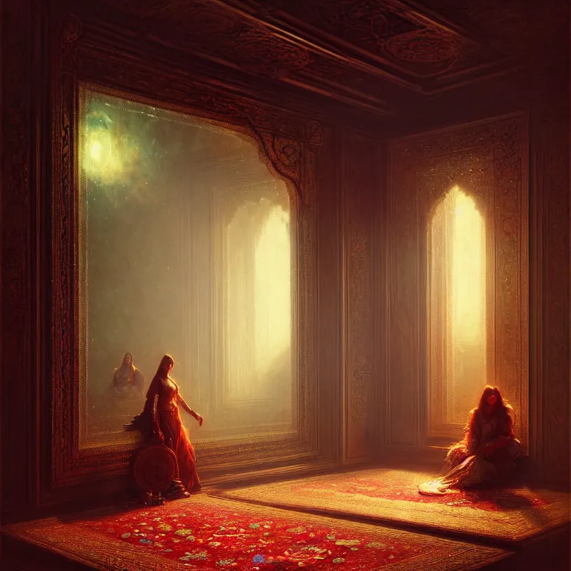 Image similar to magic fluffy Persian carpet & mirror dimension, by Greg Rutkowski and Gaston Bussiere, dim lighting, beautiful volumetric-lighting-style atmosphere, surreal atmosphere, intricate, detailed, photorealistic imagery, artstation