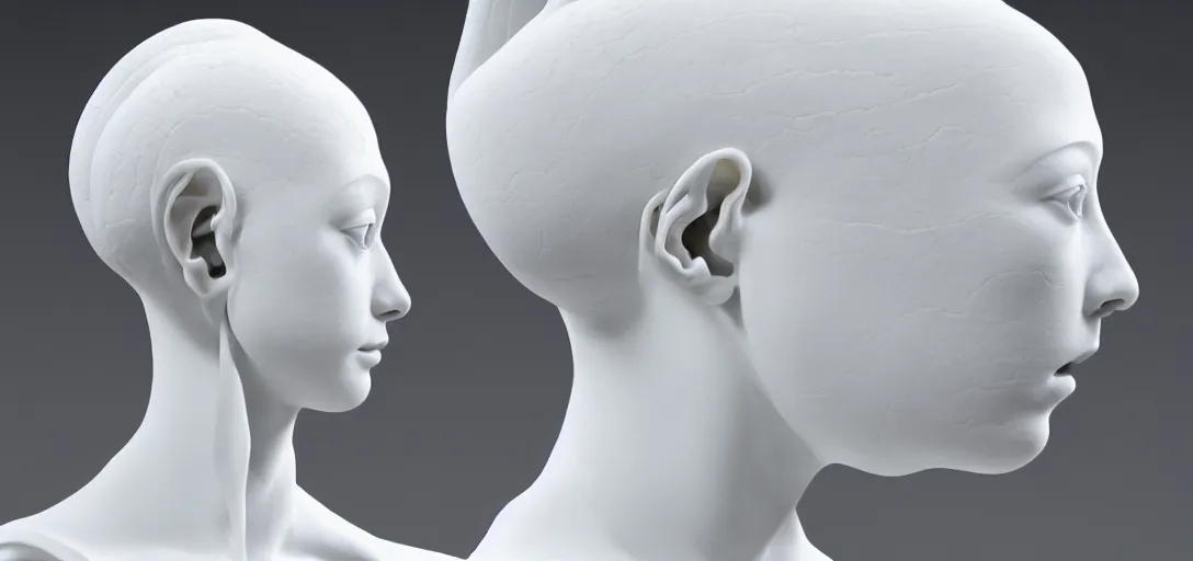 Prompt: symmetry!! full head, shoulders and bust, beautiful female porcelain sphinx body sculpture by daniel arsham and raoul marks, intricate, elegant, highly detailed, digital painting, artstation, concept art, smooth, sharp focus, all white features on a white background, delicate facial features, golden ratio composition,