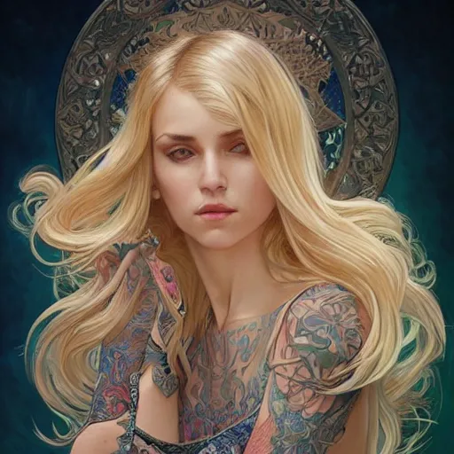 Image similar to ultra realistic illustration, a hot and beautiful tattooed blonde slavic woman in her 3 0's, intricate, elegant, highly detailed, digital painting, artstation, concept art, smooth, sharp focus, illustration, art by artgerm and greg rutkowski and alphonse mucha