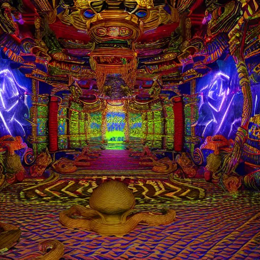 Prompt: Photorealistic inside a temple made of snakes. Hyperdetailed photorealism, 108 megapixels, amazing depth, glowing rich colors, powerful imagery, psychedelic Overtones, 4D, 3D Shading, 3D cinematic lighting, finalrender, artstation concept art
