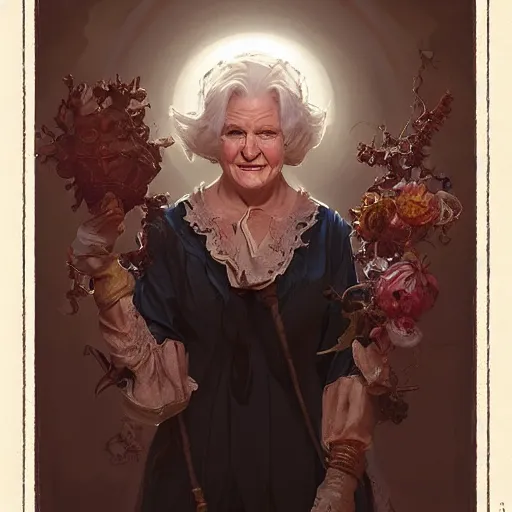 Prompt: mrs doubtfire as a witch, d & d, fantasy, intricate, elegant, highly detailed, digital painting, artstation, concept art, matte, sharp focus, illustration, art by greg rutkowski and alphonse mucha