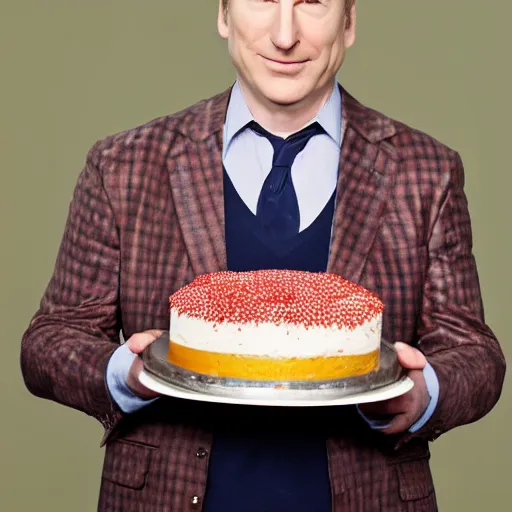 Prompt: bob odenkirk, holding a birthday cake, studio photograph, cinematic lighting