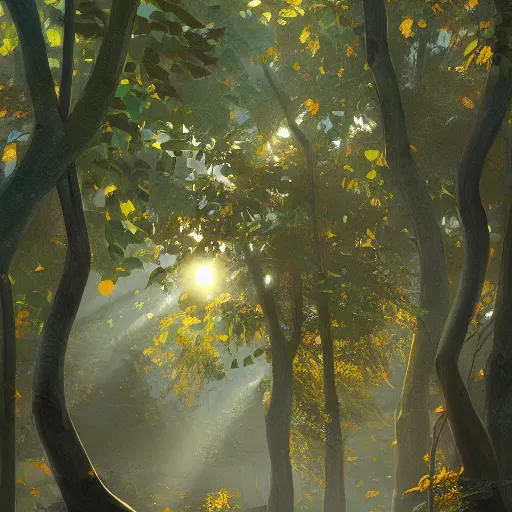Image similar to sunlight streaming through the leaves of trees at Santa Lucia, beautiful digital painting by Tomas Scholes and part by Sergeant, trending on artstation, high detail