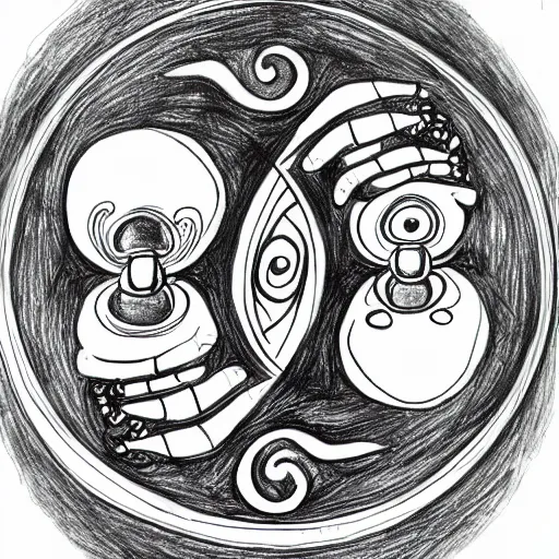 Image similar to a drawing of a pregnant robot giving birth to emerging yin - yang daoist symbol emerging from womb, black and white detailed pencil drawing dao