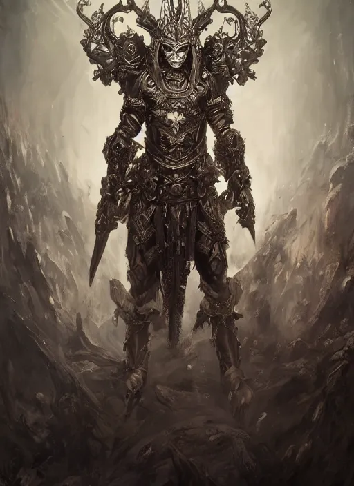 Image similar to high intricate male warrior with white baroque armor and black garment, demon lord, ancient forest, maria panfilova, andrea savchenko, mike kime, ludovic plouffe, qi sheng luo, oliver cook, trending on artstation