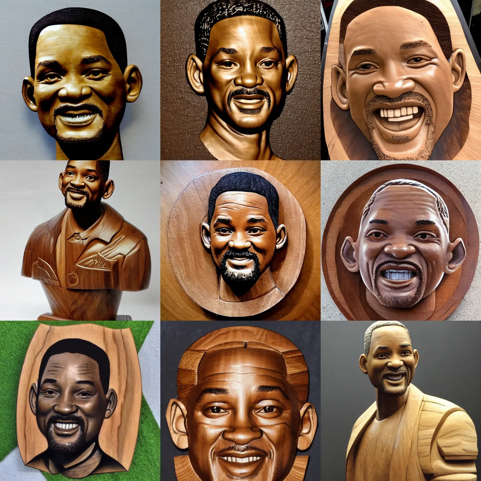 Prompt: Wood carving of Will Smith