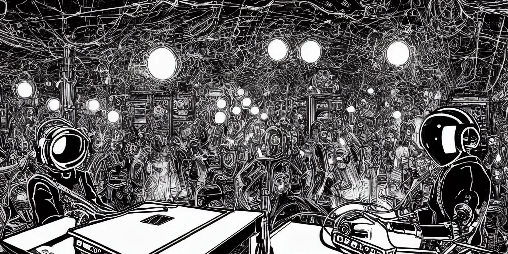 Image similar to intricate detailed artwork of 2 Daft Punk robot rock using a Macbook at an underground warehouse rave in Ibiza, playing techno house music, thousands of beautiful girls in bikini dancing, in the style of Moebius, wires, speakers, black and white ink, some ink drips, sharp details