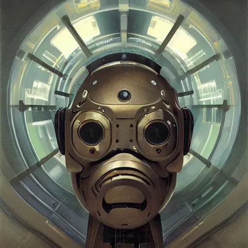 Image similar to detailed face of a synthetic sentient super - intelligent humanoid with nixie tube eyes warming up, warm space, rammed earth courtyard, cool skydome, fresh atmosphere, syd mead, livia prima, artgerm, greg rutkowski, pj crook, nick alm, casey baugh
