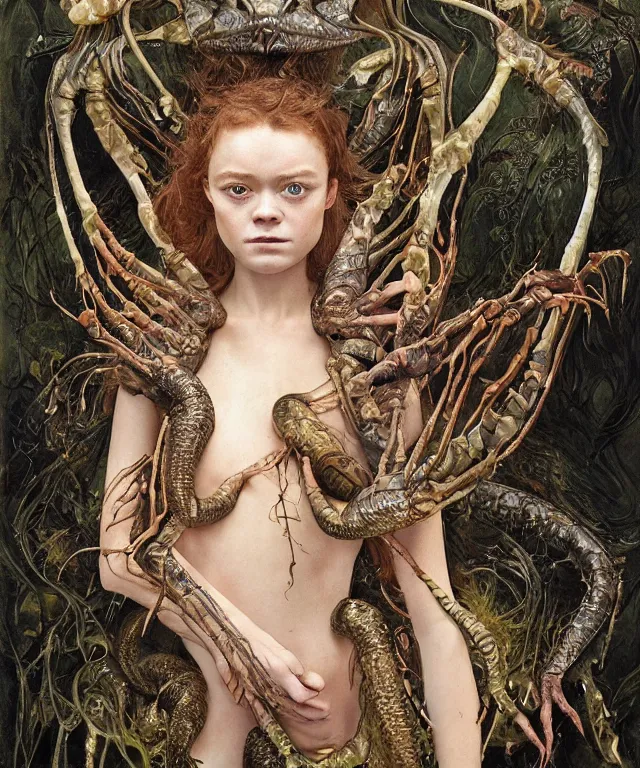 Prompt: a portrait photograph of a fierce sadie sink as an alien harpy queen with slimy amphibian skin. she is trying on black latex bulbous slimy organic membrane parasitic silk and transforming into an insectoid amphibian. by donato giancola, walton ford, ernst haeckel, brian froud, hr giger. 8 k, cgsociety