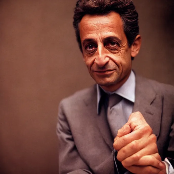 Prompt: very detailed and textured photo portrait of Nicolas Sarkozy, by Steve McCurry, cinestill 800t 18mm 4k