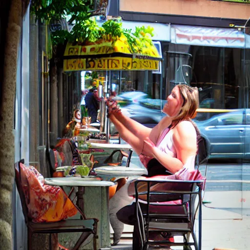 Image similar to bird stealing food from patrons at sidewalk cafe