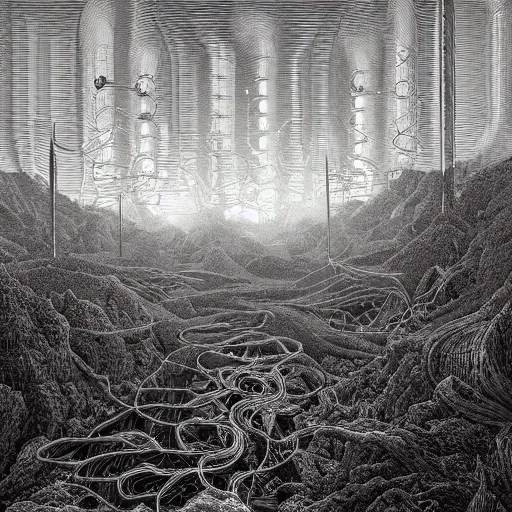 Prompt: dead cyborg river by jeffrey smith and wlop and gustave dore, featuring rhodium wires, circuitry, code, binary, cryptonomicon, dmt entity, ambient occlusion, 3 d concept render, scientifically accurate, artstation, intricate, beautiful, look at that detail!