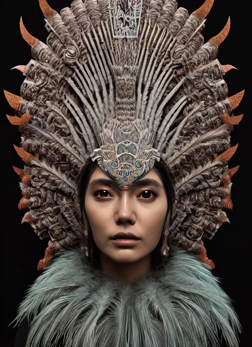 Image similar to 3 d mexican goddess medium shot portrait. beautiful intricate highly detailed quetzalcoatl helm and feathers. low - key lighting, bioluminescent, plasma, lava, ice, water, wind, stingray, magpie, creature, artwork by tooth wu and wlop and beeple and helmut newton, 8 k trending on artstation,