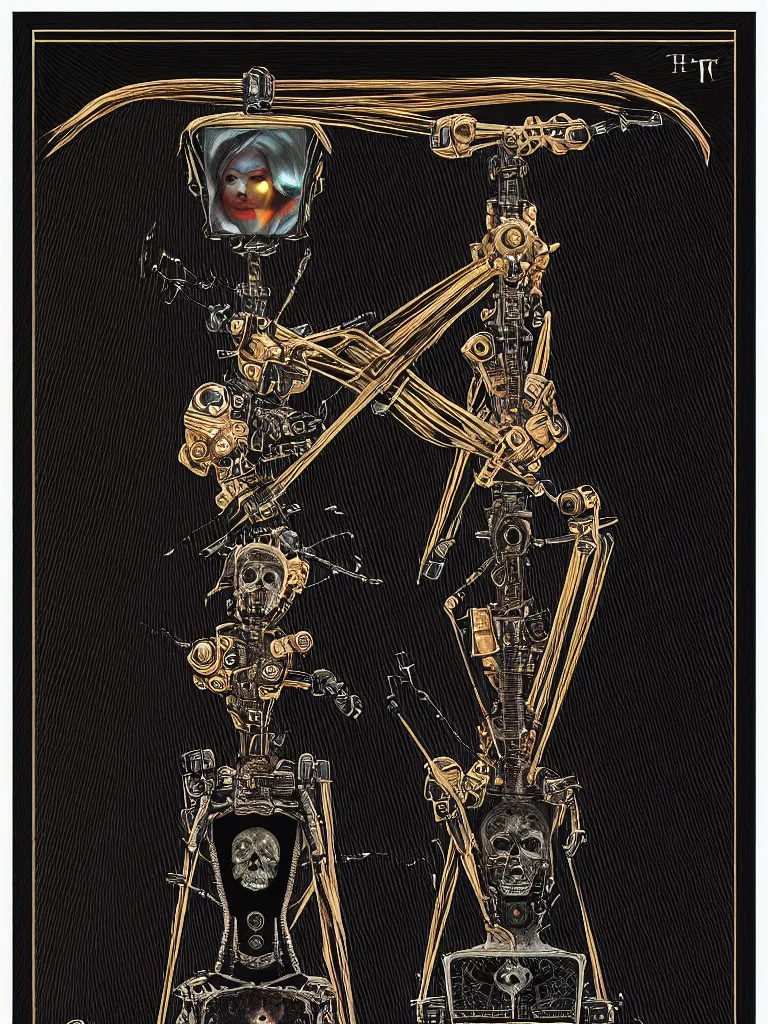 Image similar to the death tarot card as an I Robot, black paper with ornate border frame, by mario feng, ray tracing, master shot, octane render, 8k, ultra hd, perfect light