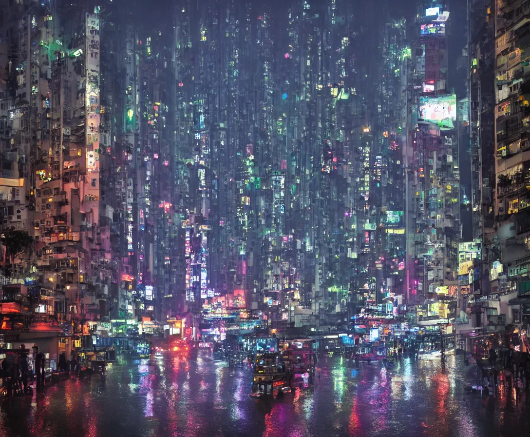 Prompt: hong kong in 2042, night time, rain, surreal atmosphere