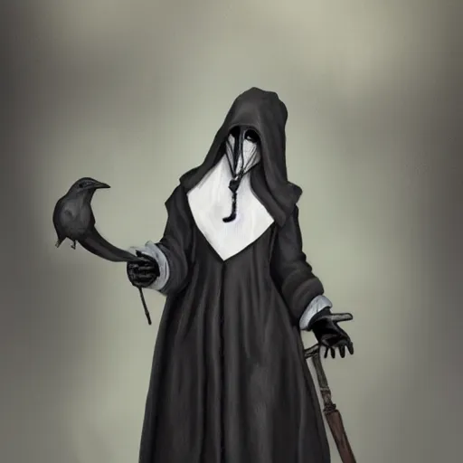 Image similar to female plague doctor donning a black hood, gown, and a white crow mask, trending on artstation