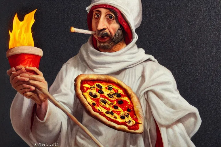 Prompt: a highly detailed portrait of pulcinella!!! from naples with a pizza!! and burning volcano, an ultrafine detailed painting by achille superbi, dramatic lighting, trending on deviantart, whimsical, lowbrow, smooth, sharp focus, octane, masterpiece