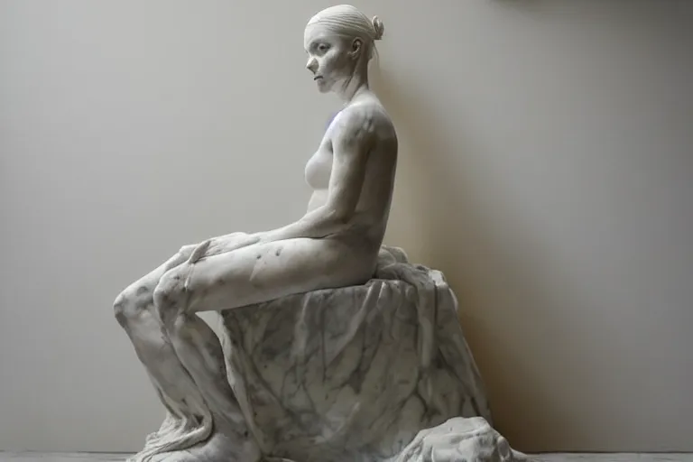 Image similar to a sculpture of a beautiful woman sitting on a chair, a white marble sculpture covered with floating wax by nicola samori, behance, neo - expressionism, marble sculpture, apocalypse art, made of mist