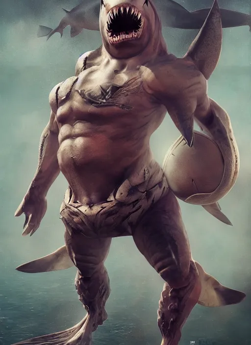 Image similar to shark man playing football, hyper detailed, digital art, trending in artstation, cinematic lighting, studio quality, smooth render, unreal engine 5 rendered, octane rendered, art style by klimt and nixeu and ian sprigger and wlop and krenz cushart.