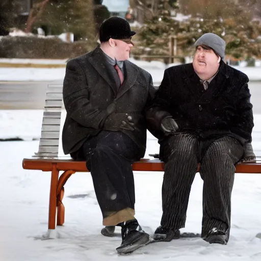 Image similar to Kevin Malone wearing a black ushanka hat and black wool overcoat sitting on a park bench during the winter