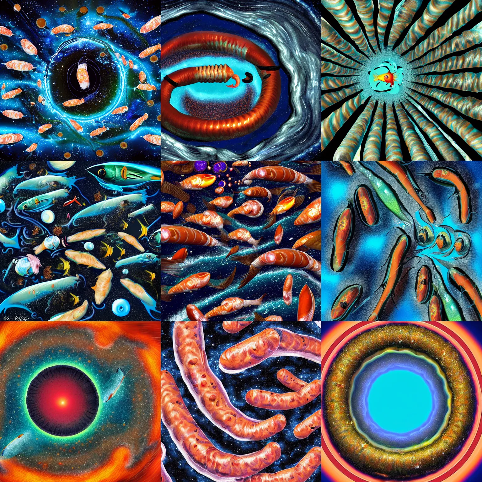 Prompt: a shoal of fish and sausage around a cosmic black hole, abstract surreal art, high resolution, detailed, digital art