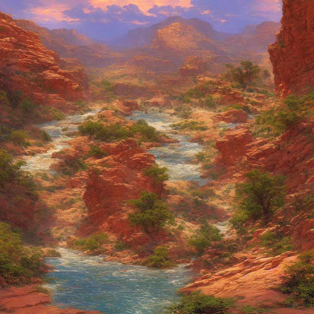 Prompt: a wild west landscape of red rock canyons and rivers, digital art by james gurney and thomas kinkade