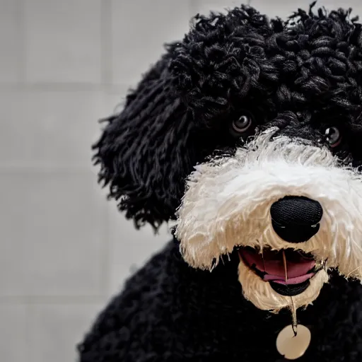 Image similar to a closeup photorealistic photograph of a smiling knitted bernedoodle judge dog dressed in a black gown, presiding over the courthouse. indoors, professional capture, well lit shot. this 4 k hd image is trending on artstation, featured on behance, well - rendered, extra crisp, features intricate detail, epic composition and the style of unreal engine.