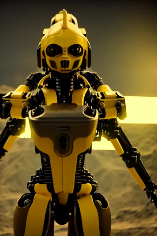 Prompt: a cinematic still from westworld, full body yellow mech bumblebee, humanoid servo, octane render, nvidia raytracing demo, masterpiece, aged armor plating, aggressive head,