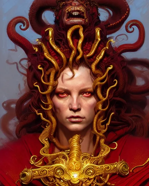 Image similar to fierce medusa in an epic red and golden robe, fantasy character portrait, ultra realistic, concept art, intricate details, highly detailed by greg rutkowski, gaston bussiere, craig mullins, simon bisley