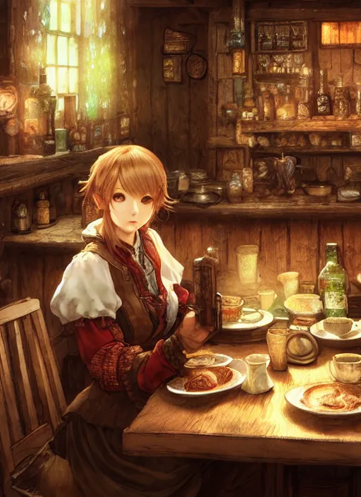 Prompt: portrait of the emerald herald sitting in a cozy tavern, hidari, color page, tankoban, 4K, tone mapping, Akihiko Yoshida.