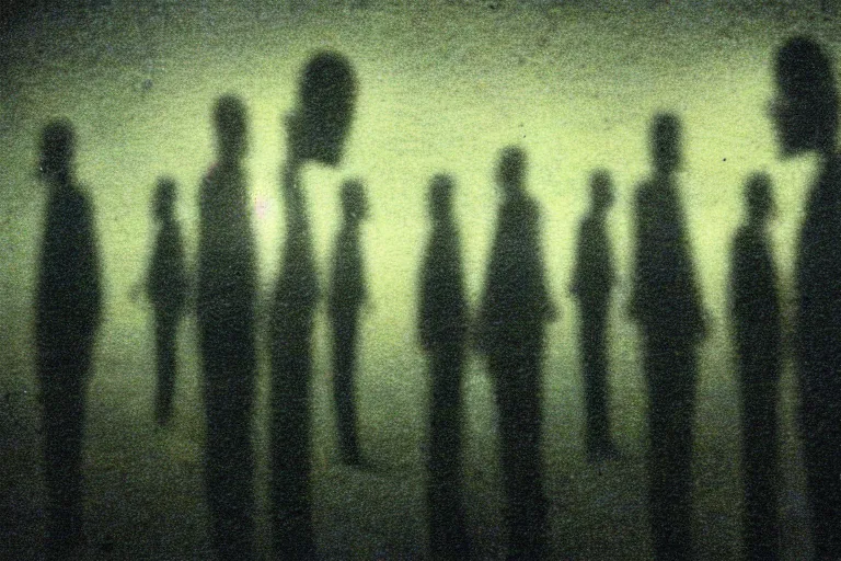 Image similar to 8 mm film still, blurry, grainy, liminal, unsettling, group of tall clone men in suits in a field at night, dark