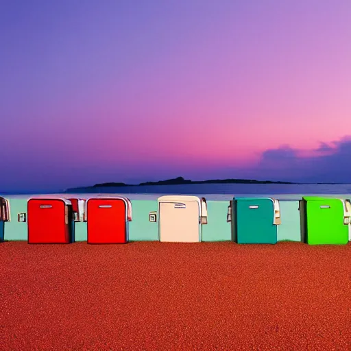 Image similar to purple refrigerator on red sand with green ocean and black sunset