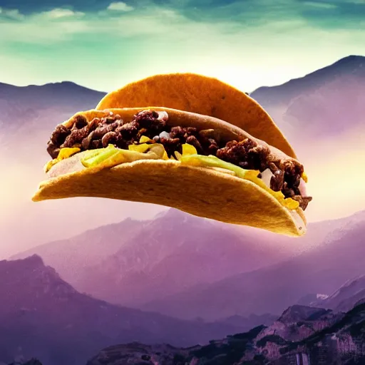 Prompt: a beautiful matte painting of a taco bell taco on a mountain