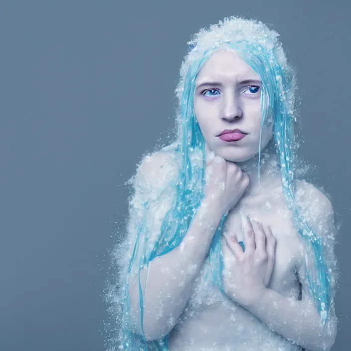 Prompt: a sickly looking young woman dying of hypothermia, with very white skin and pale blue hair wearing a long highneck dress made out of snowflakes in the middle of a heavy snowstorm. pale light blue lips. full body digital portrait by maromi sagi