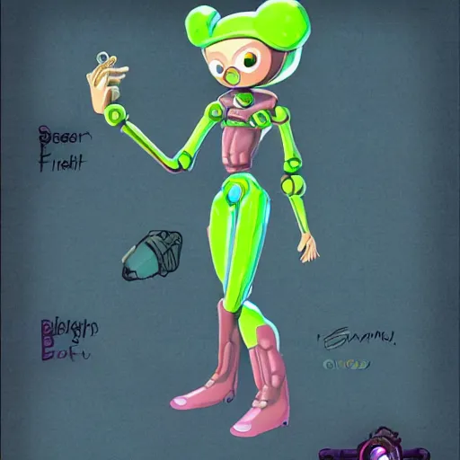 Image similar to official character sheets for a new sea angel casual feminine biomech suit, digital screen robot face, wearing an oversized sweater, standing beside a sea sheep, art by tim schafer black velvetopia art for psychonauts from double fine studios, art by splatoon from nintendo, black light rave, bright neon colors, apocalypse