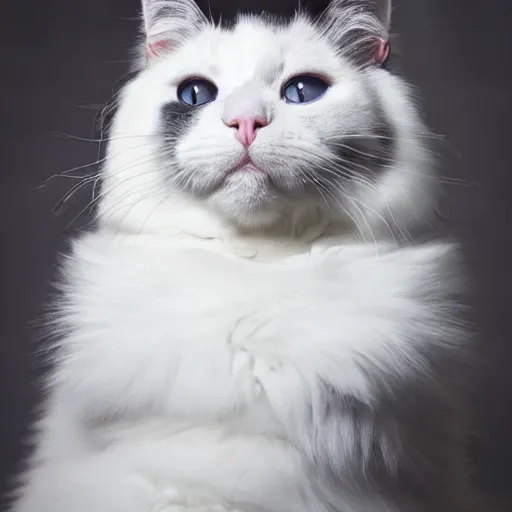 Image similar to fluffy tuxedo white cat portrait, white cheeks, aesthetic highly detailed soft fur and paws, professionally shot photorealistic 8k photograph, 35mm Canon EOS R3, rendered in octane, by Natalie Große and Jason Allison