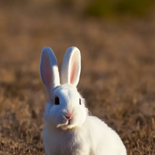 Image similar to photo of a white bunny with black spots on face and nose, in the Texas desert, cactus, desert mountains, big bend, 50mm, beautiful photo,