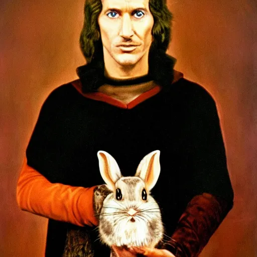 Image similar to portrait of sorcerer tim holding the killer rabbit from search for the holy grail monty python