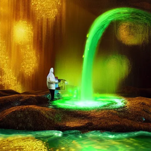 Prompt: a man in a yellow hazmat suit pours glowing green liquid into a magical river, photorealistic painting, concept art, rendering, octane, redshift, cinematic composition, volumetric lighting
