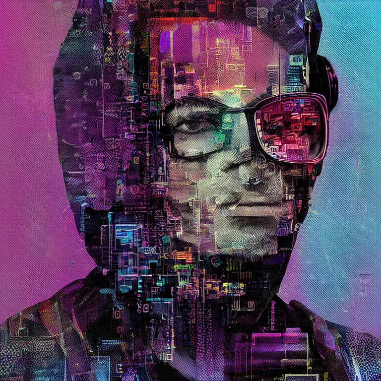 Image similar to Glitch-art portrait of cool cyberpunk hacker in style of John Nelson, realistic